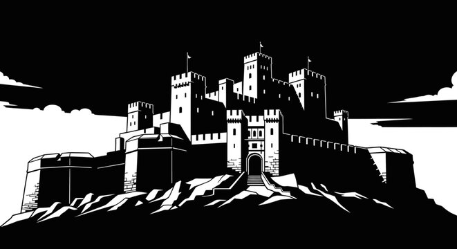 Dramatic black and white illustration of a medieval castle fortress on a hilltop under a dark sky, stylized graphic art.