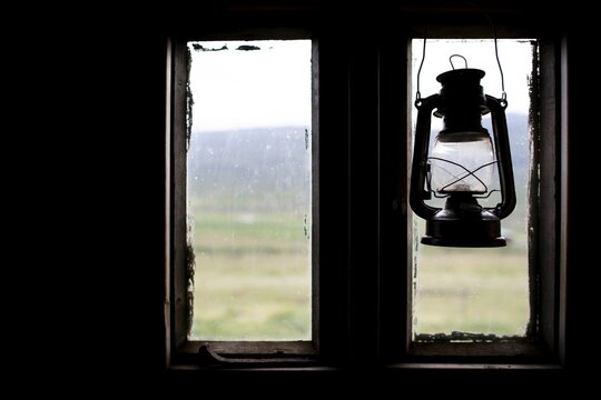 View from old peat house, oil lamp, L&yacute;tingssta&eth;ir, North Iceland, Iceland