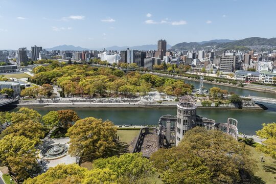 Panoramic view from Hiroshima Orizuru Tower over the city with atomic bomb dome, Atomic Bomb Dome, and Hiroshima Peace Park, Peace Monument, Hiroshima Peace Park, Hiroshima, Japan