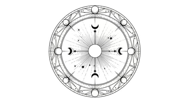Intricate celestial mandala illustration with sun, crescent moons, and stars. Esoteric cosmic circle line art drawing.