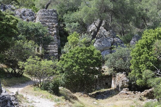 Remains of an old mill in Epta Piges, Valley of the Seven Sources, Rhodes, Greece, Europe