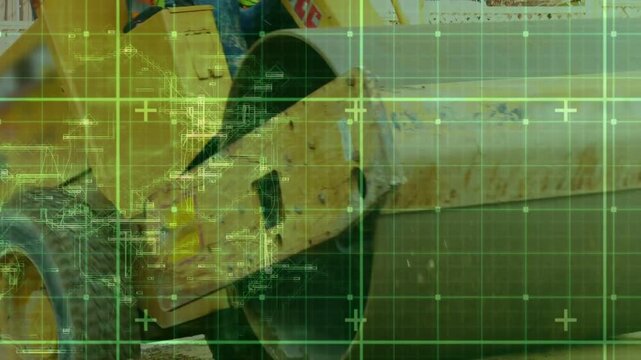 Operator operating roller compacting soil for site prep while green grid overlay covering frames