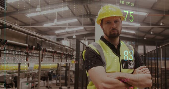 Factory worker standing arms crossed, wearable activating HUD, projecting HR SpO2 data for safety