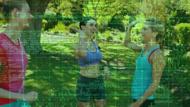 Three runners starting run, slowing, sharing phone and checking watch as green grid showing fitness