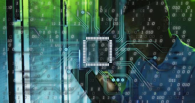 IT technician tapping tablet near server rack and activating AR chip overlays monitoring systems
