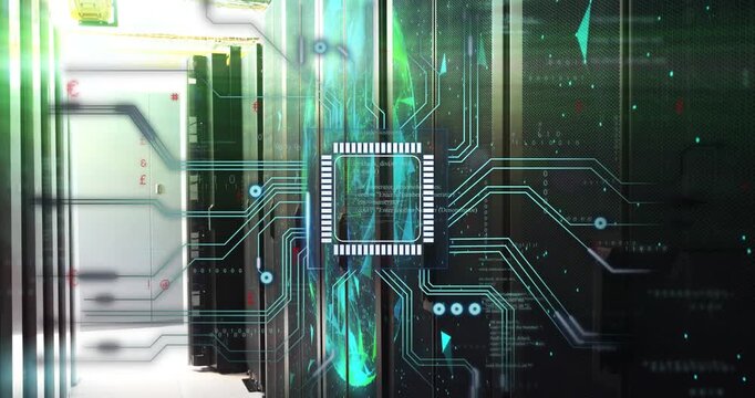 Turquoise energy ribbon emerging triggers chip drawing circuit traces and pulsing to map network
