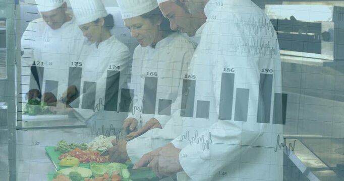 Five chefs preparing vegetables for service in prep kitchen, animated chart rising overlaying chefs
