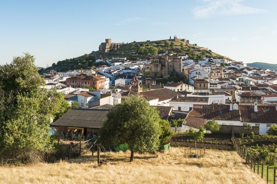 City view of the village Aracena with fortress Castillo de Aracena, Aracena, Huelva, Spain