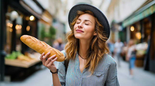 Woman holding a baguette with eyes closed on a pedestrian street lined with shops, everyday life and expressive moment in urban setting concept, defocused background, with copy