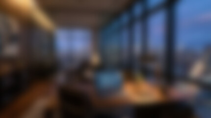 Naklejka premium Blurred modern office interior with large windows overlooking cityscape at dusk, contemporary workspace with warm lighting and urban view, professional business environment - blurred modern office