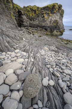 Cliffs at the old harbour of, Hellnar, Vesturland, Iceland
