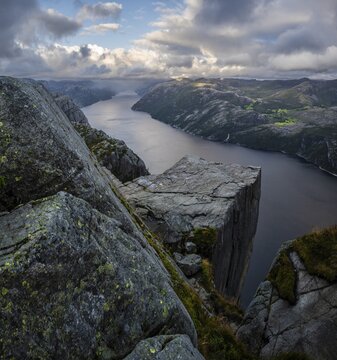 Rock plateau, rock pulpit Preikestolen, Lysefjord, Ryfylke, Rogaland, Norway