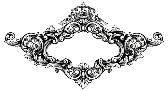 Elegant ornate Baroque frame with crown. Vintage classic decorative scrollwork, intricate flourishes. Vector design element.
