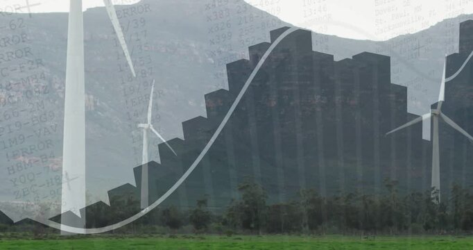 Stepped bars appearing low over turbines, sliding right while curved line tracing power fluctuation