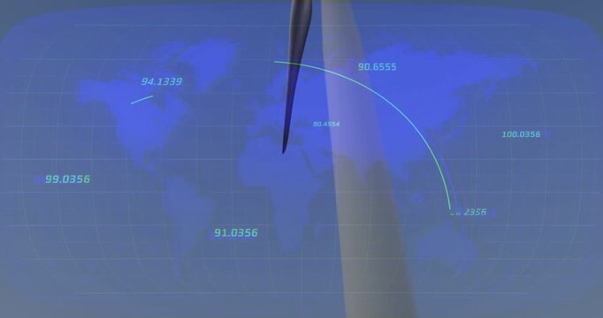 Wind turbine blades rotating as camera moving closer, HUD arcs tracing data for energy monitoring