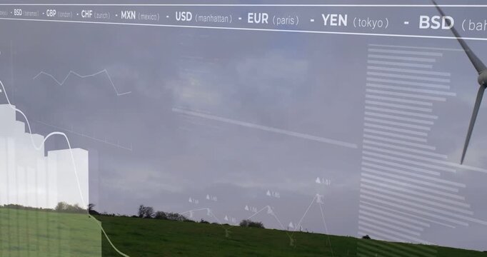 Contrail appearing, sparking FX UI moving over hill, bars rising, turbine turning, showing trends