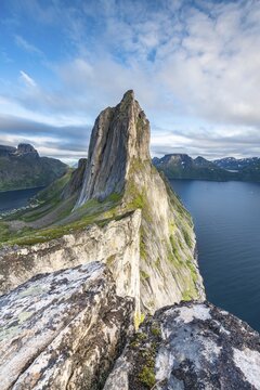 Steep mountain Segla, fjord Mefjorden with mountains, island Senja, Troms, Norway
