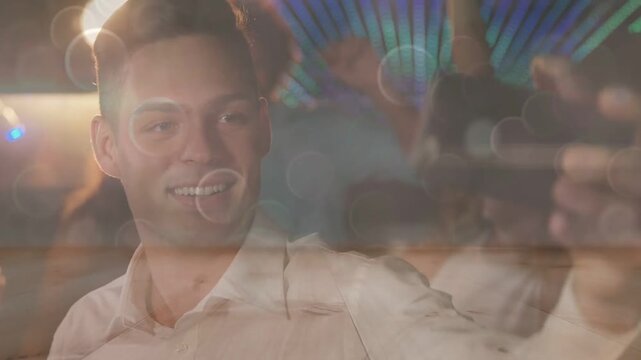 Man in light shirt reaching arm greeting friend, club overlay merging face with crowd gaze lowering