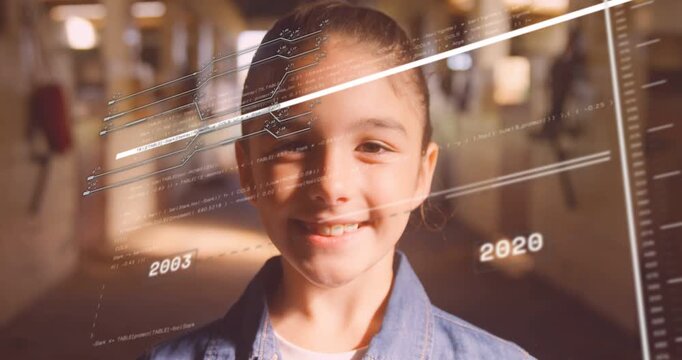 Vertical video: School-age girl smiling facing camera in hall HUD mapping education years over face