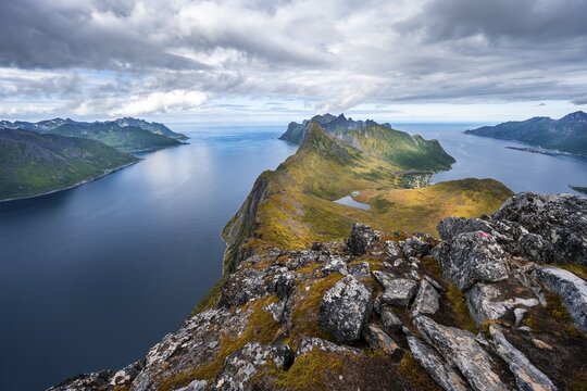 Mountain panorama, fjord and mountains, in the back mountain Segla, view from mountain Barden, Senja, Norway