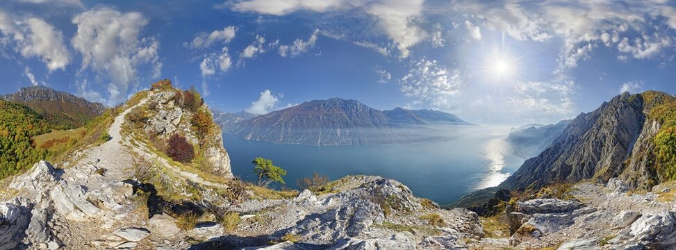 360&deg; summit panorama at the Malga Palaer viewpoint with Lake Garda and the Monte Baldo mountain range, Limone Sul Garda, Brescia, Lake Garda West, Lombardy, Italy