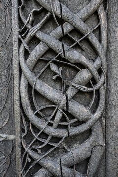 Artfully carved north portal, Celtic art with traditions of the Vikings, Urnes Stave Church, Romanesque church from ca. 1130, Vestland, Norway