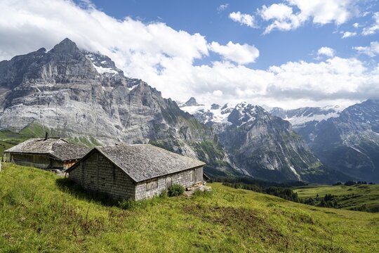 Mountain hut, alpine huts with shingles, picturesque mountain landscape, Grindelwald, Bernese Alps, Bernese Oberland, Switzerland
