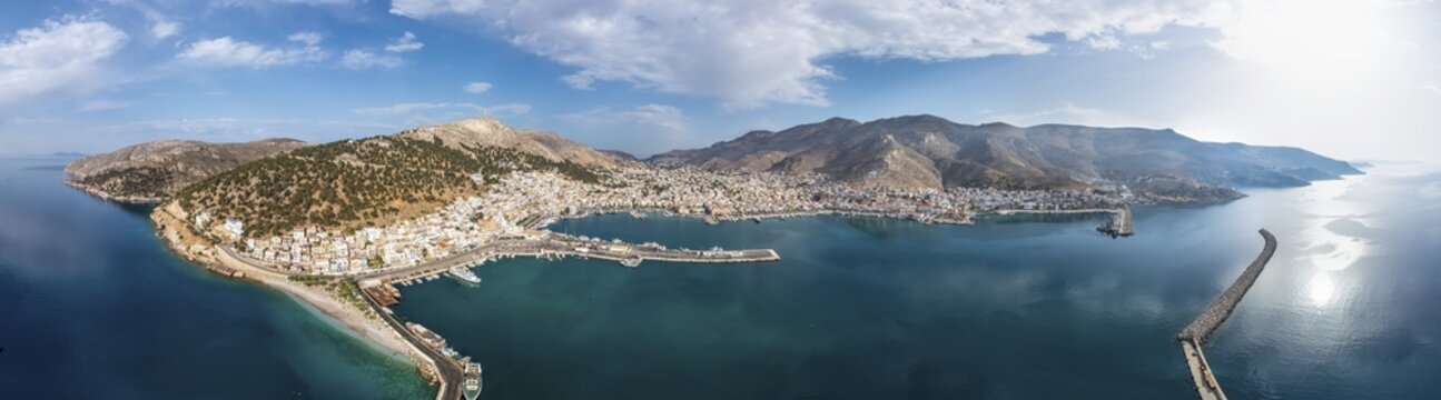 Aerial view, 360 degree panorama, town view and harbour of Kalymnos, Dodecanese, Greece