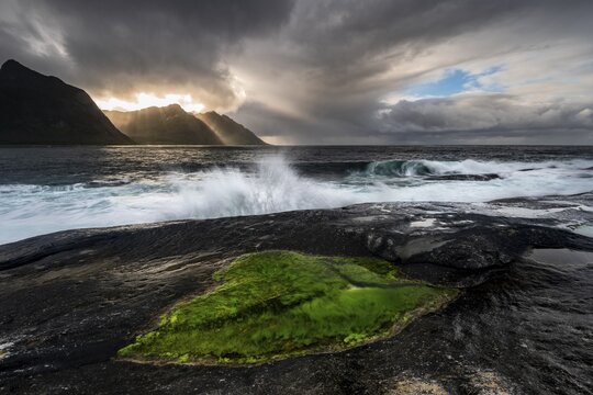 Rocky coast of Tungeneset, walking time pool, stone fjords, Senja Island, Troms, Norway