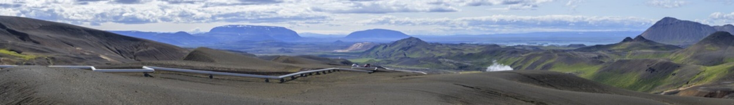Pipeline of the volcanic power plant and in the background Myvatn, crater lake Viti, Krafla, Sk&uacute;tusta&eth;ir, Nor&eth;urland eystra, Iceland