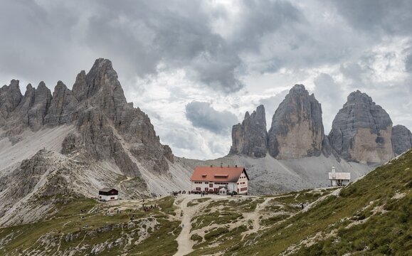 Three Peaks Hut with chapel and north face of the Three Peaks, Sesto Dolomites, South Tyrol, Trentino-South Tyrol, Alto-Adige, Italy