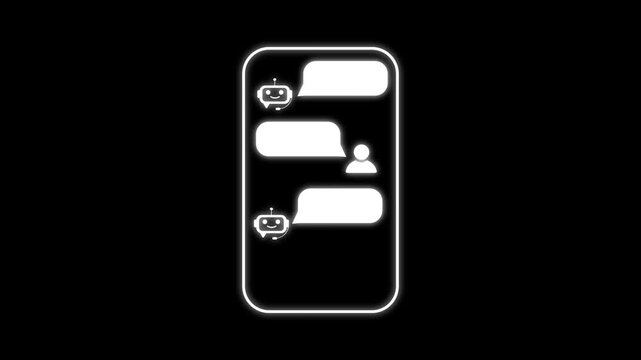 This animation shows a chat interface on a smartphone. Chat bubbles alternate between bot and human icons. The bot and human symbols indicate the flow of the conversation.
