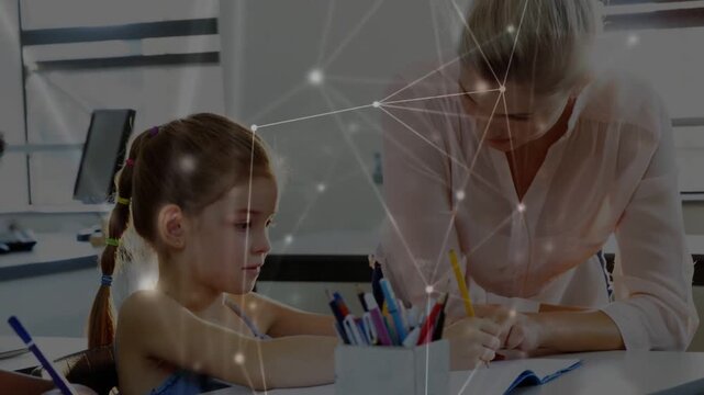 Vertical video: Tutor placing yellow pencil on paper and guiding class writing, net overlay showing