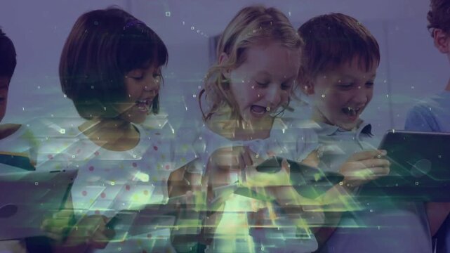 Group of students tapping tablets and activating animated overlay, sharing reactions in education