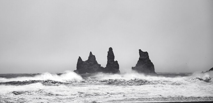 Basalt rock Reynisdrangar near V&iacute;k &iacute; M&yacute;rdal, strong swell, South Iceland, Southurland, Iceland