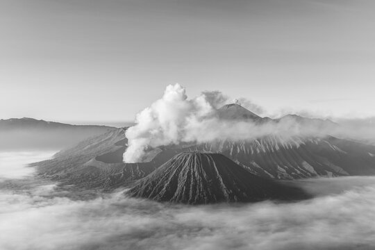 Mount Bromo smoking volcano, Mount Batok, Mount Kursi, Mount Gunung Semeru, Bromo Tengger Semeru National Park, East Java, Indonesia