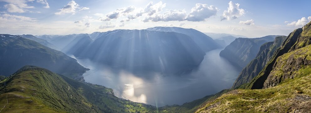 View from the top of the mountain Prest to the village Aurlandsvangen and the fjord Aurlandsfjord, Aurland, Norway