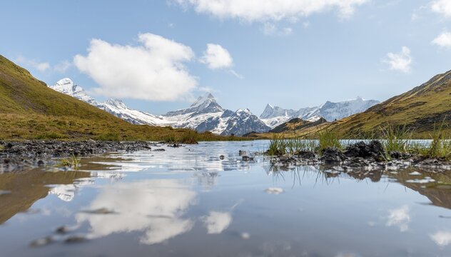 Reflection in Bachalpsee, snow-covered Eiger North Face, Eiger, M&ouml;nch, Jungfrau, Gro&szlig;es Fiescherhorn, Grindelwald, Switzerland