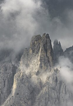 Bizarre mountain peaks with dramatic clouds, Cimon di Croda Liscia and Cadini Group, Sexten Dolomites, Belluno, Italy