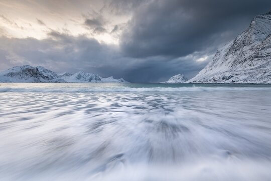 Surf on the beach of Haukland, Vestv&aring;g&oslash;ya, Lofoten, Norway