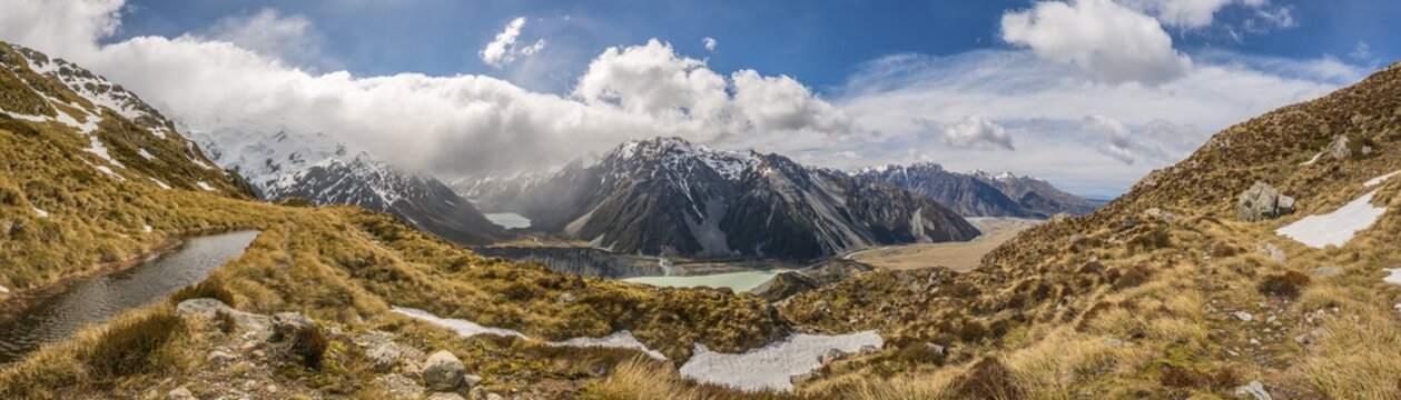 View on Hooker Valley, mountain lake Sealy Tarns, Mount Cook National Park, Canterbury Region, Southland, New Zealand