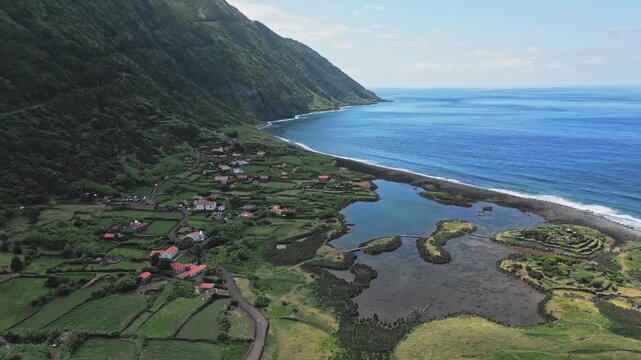Scenic aerial view of Faja da Cumbre Sao Jorge's coast in the Azores