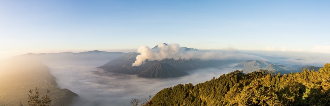 Mount Bromo, sunrise, volcano in clouds, Mount Batok, Mount Kursi, Mount Semeru, Bromo Tengger Semeru National Park, Java, Indonesia