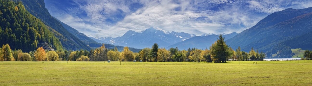 Lake Resia panorama with Ortles mountain range, Graun, Resia, Trentino-Alto Adige, Italy