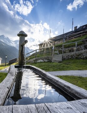 Water trough, Berlin hut on the Berliner H&ouml;henweg, Zillertal Alps, Zillertal, Tyrol, Austria