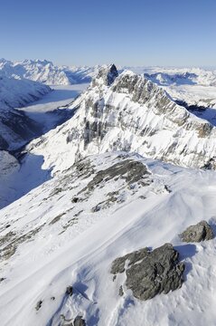 View from Titlis mountain into the Bernese Alps, with Eiger, Moench and Jungfrau mountains in the distance, Engelberg, Obwalden, Switzerland, Europe