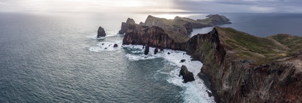 Morning atmosphere, coastal landscape, cliffs and sea, Miradouro da Ponta do Rosto, rugged coast with rock formations, Cape Ponta de S&atilde;o Louren&ccedil;o, Madeira, Portugal