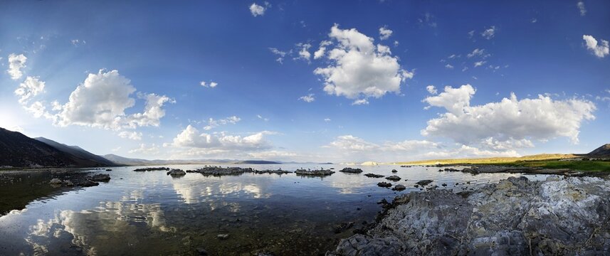 Cloudy sky reflected in the water of the Sees Mono Lake, Mono Lake, Lee Vining, California, United States