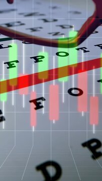Vertical video: Hologram rising over eye chart red glasses mirroring bars showing finance trend