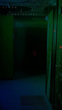 Vertical video: Dark corridor, red digits sparking binary flooding grate and wall, creating tech AR